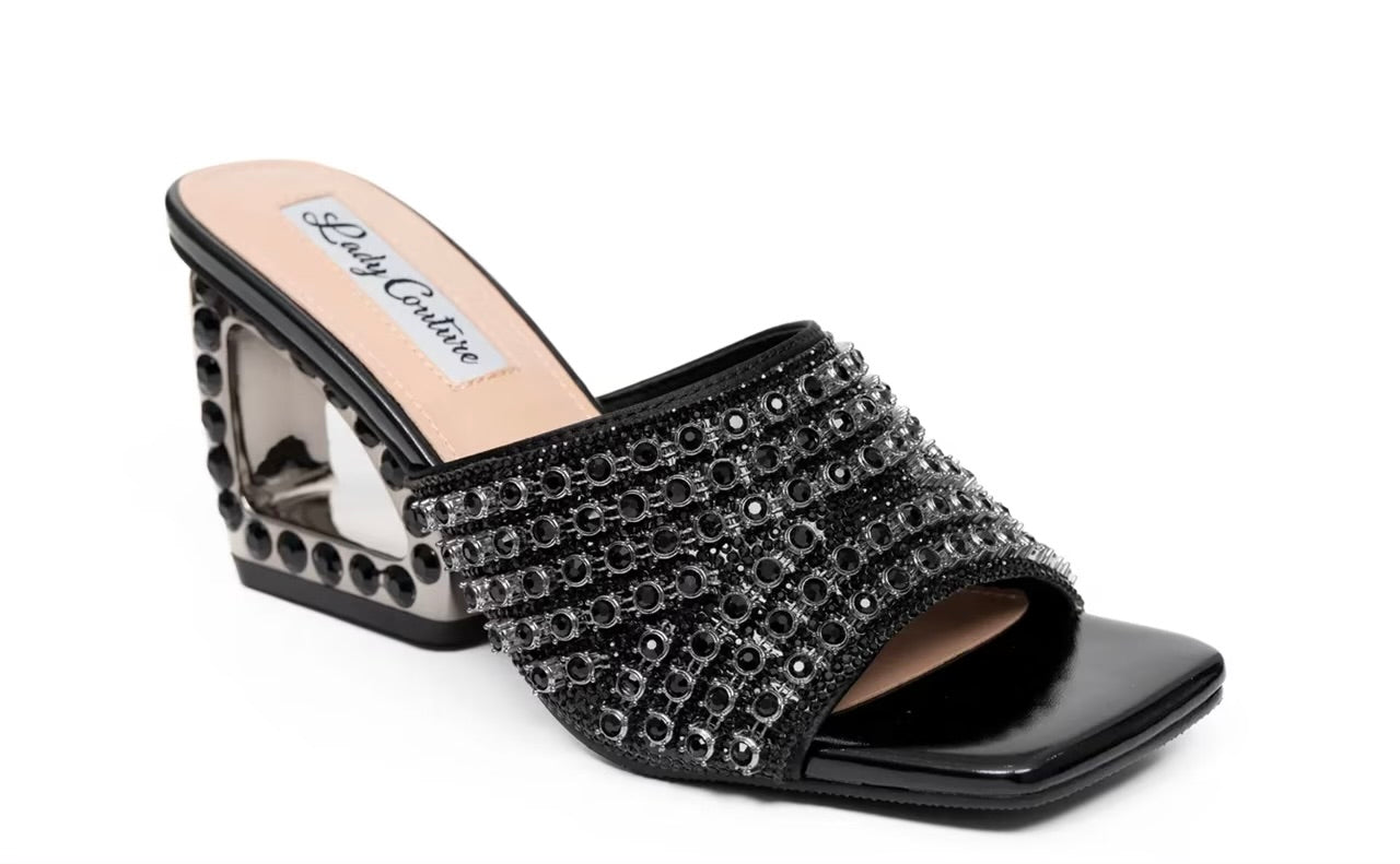Black embellished high-heeled shoes side view
