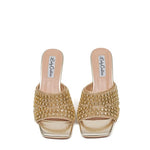 Gold embellished high-heeled shoe pair