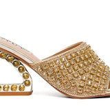 Gold embellished high-heeled shoe close-up