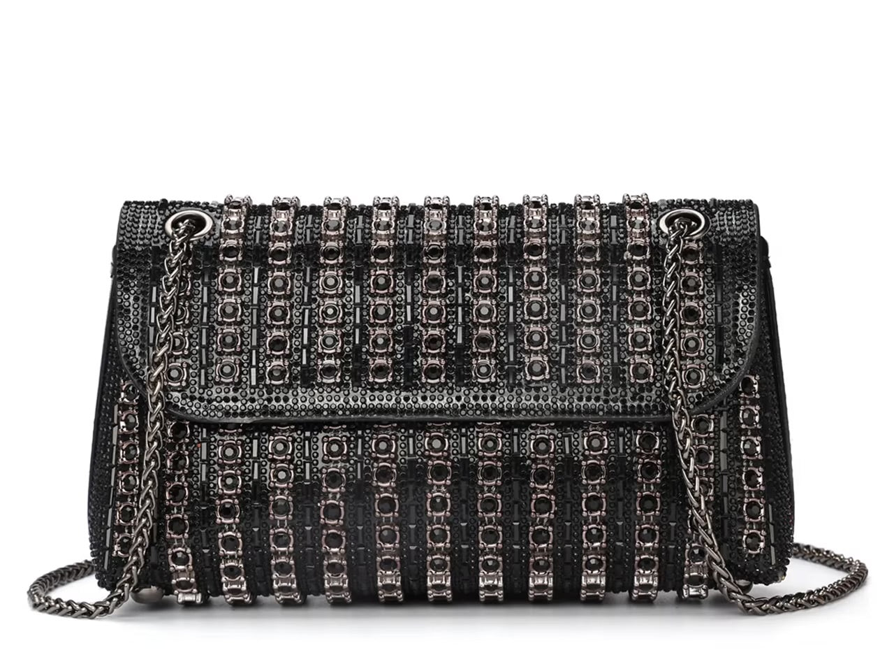 Black beaded patterned handbag with black chain strap close-up