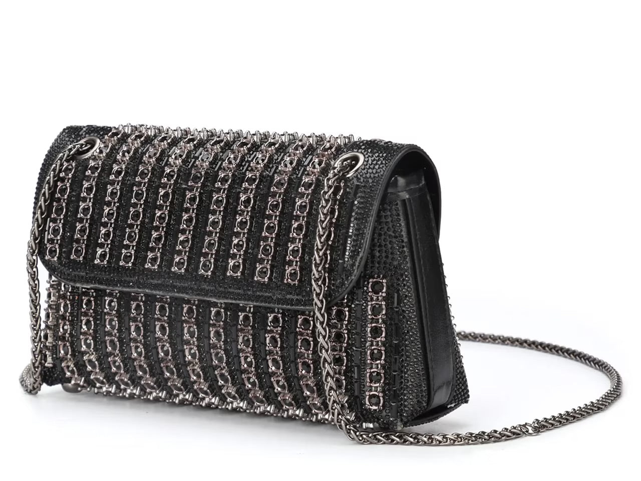 Black beaded patterned handbag with black chain strap side view