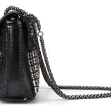 Black beaded patterned handbag with black chain strap side view 2