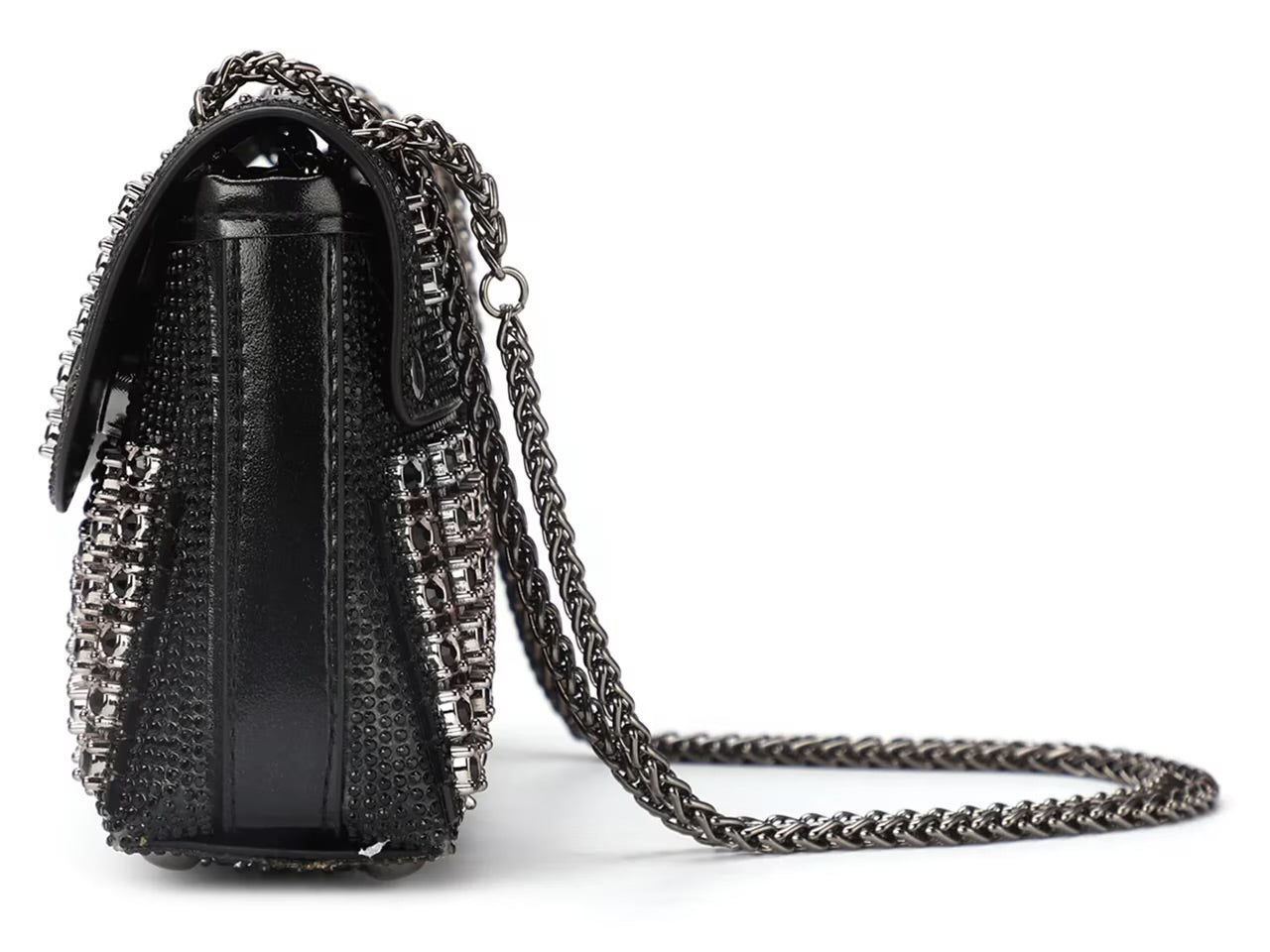 Black beaded patterned handbag with black chain strap side view 2