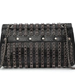 Black beaded patterned handbag with black chain strap back