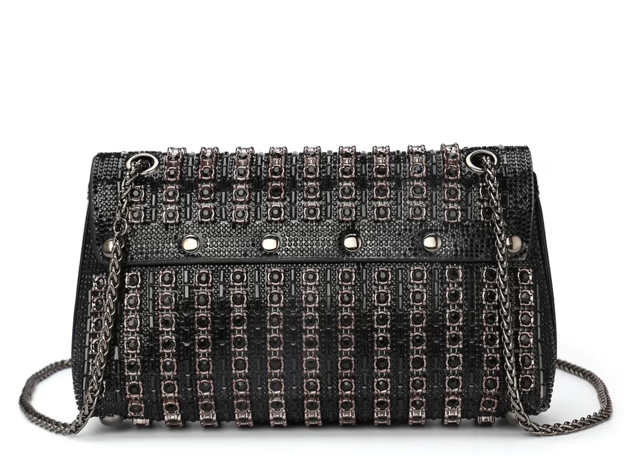 Black beaded patterned handbag with black chain strap back