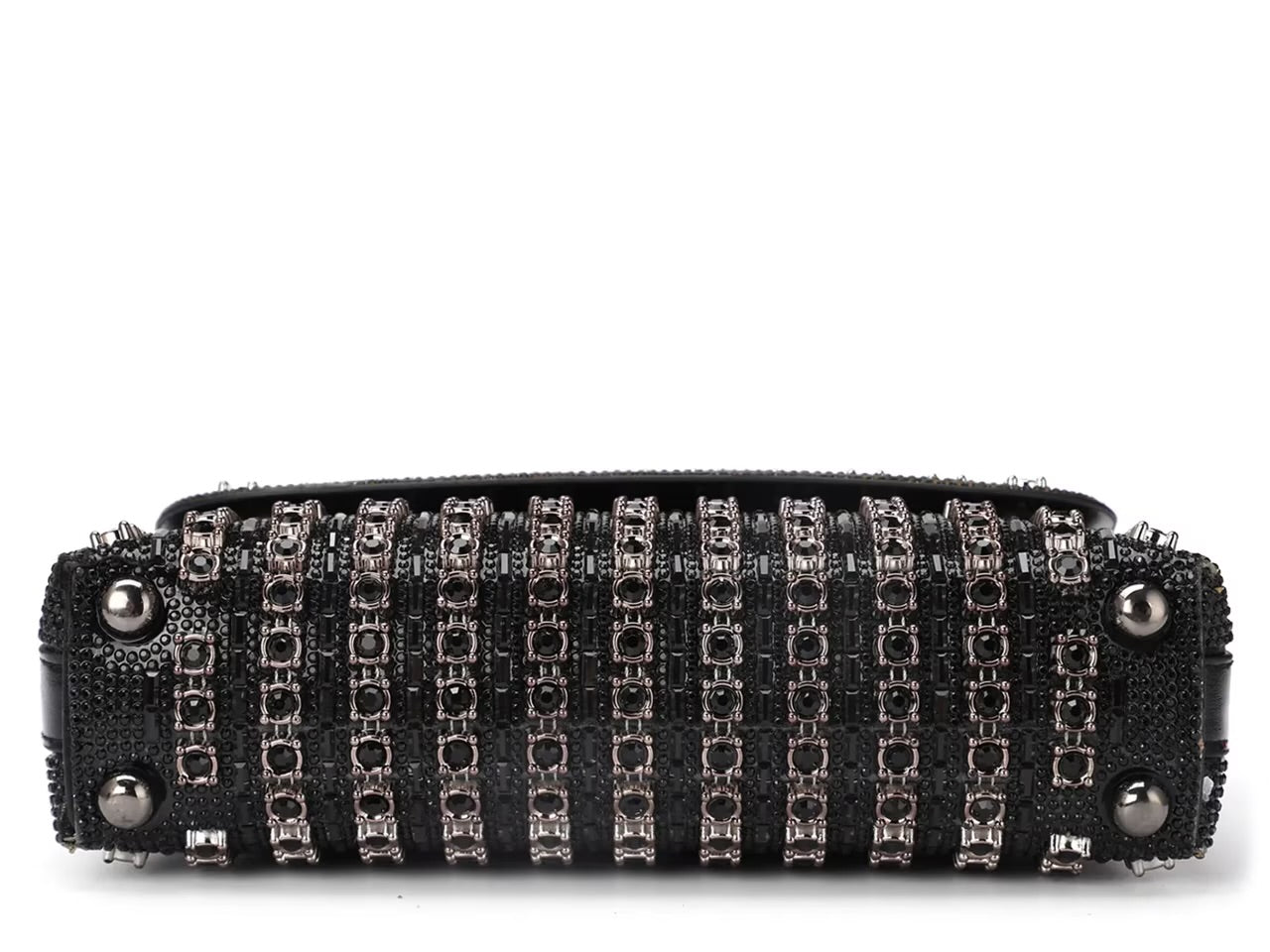 Black beaded patterned handbag with black chain strap bottom