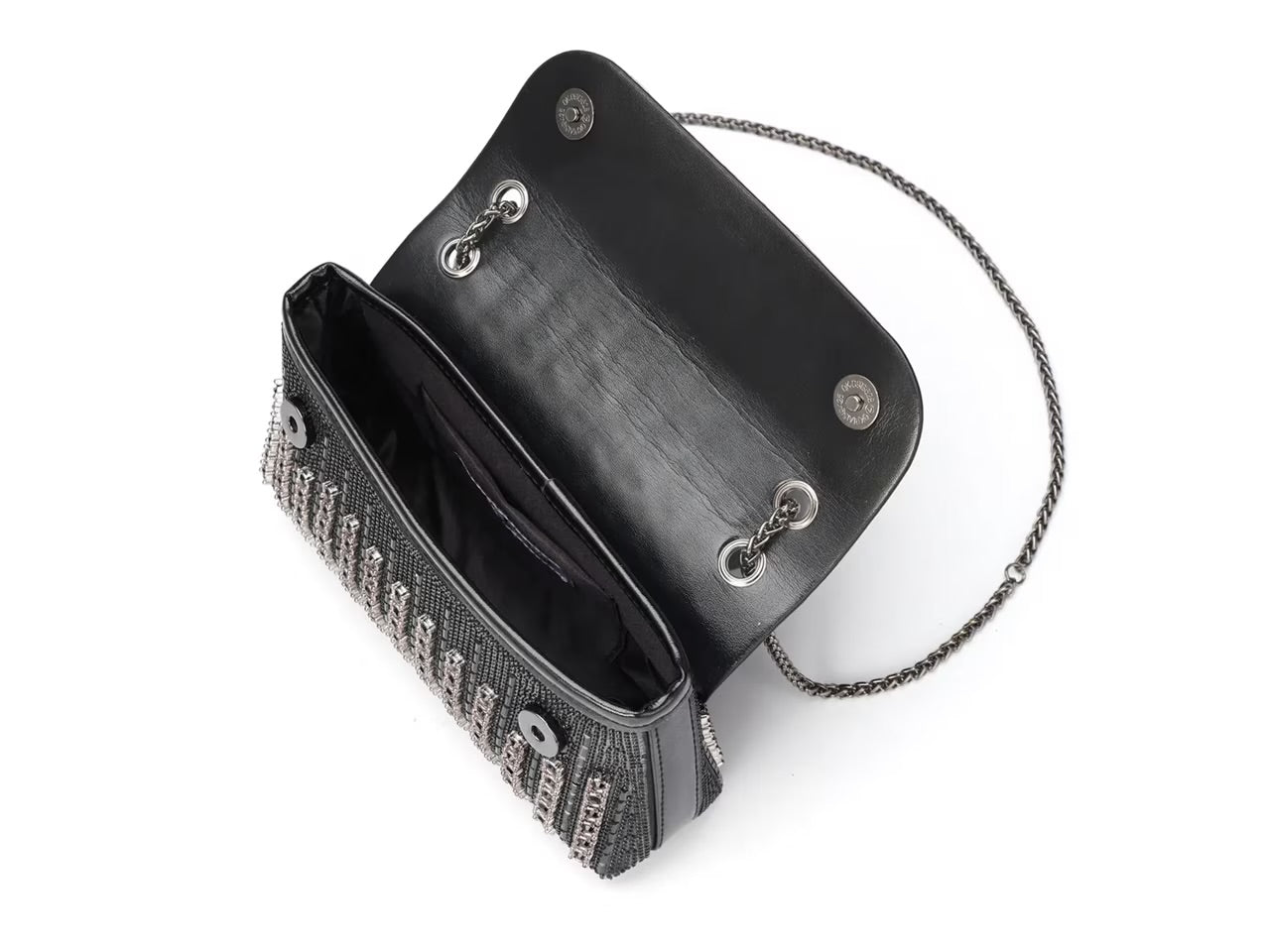 Black beaded patterned handbag with black chain strap opening