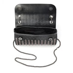 Black beaded patterned handbag with black chain strap opening alt view