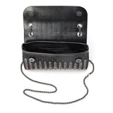 Black beaded patterned handbag with black chain strap opening alt view