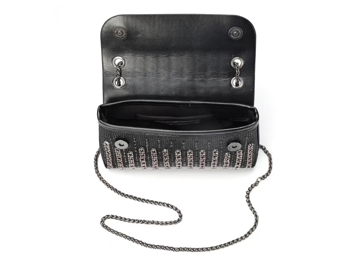 Black beaded patterned handbag with black chain strap opening alt view