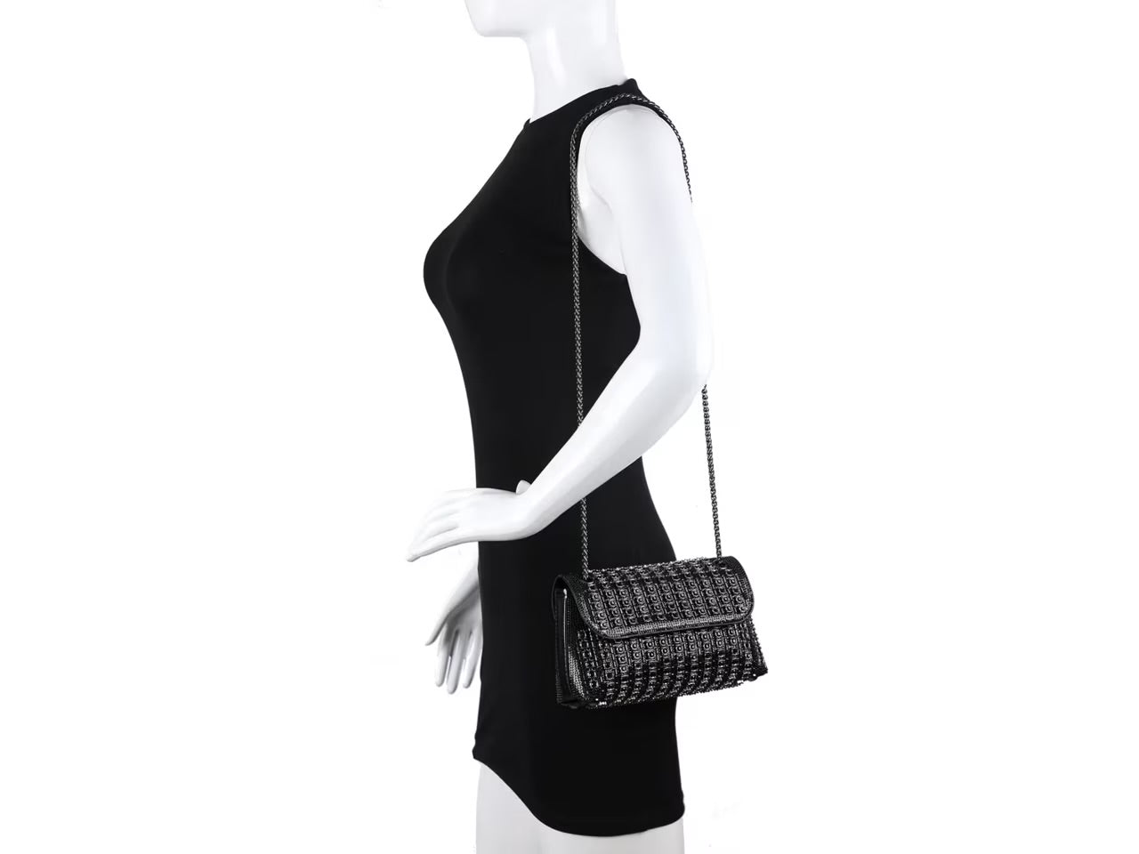 Black beaded patterned handbag with black chain strap model