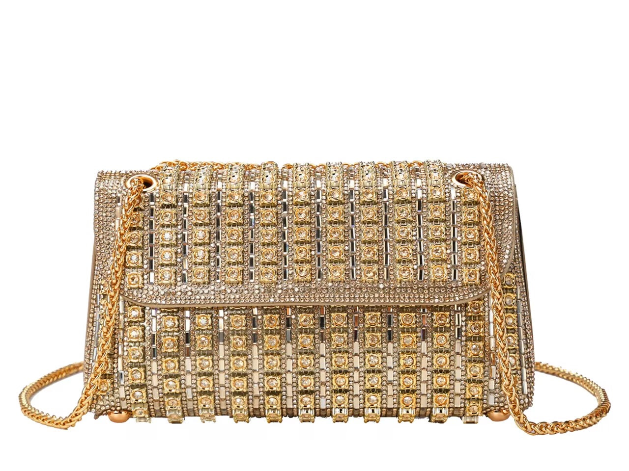 Gold and silver beaded handbag with gold chain strap close-up