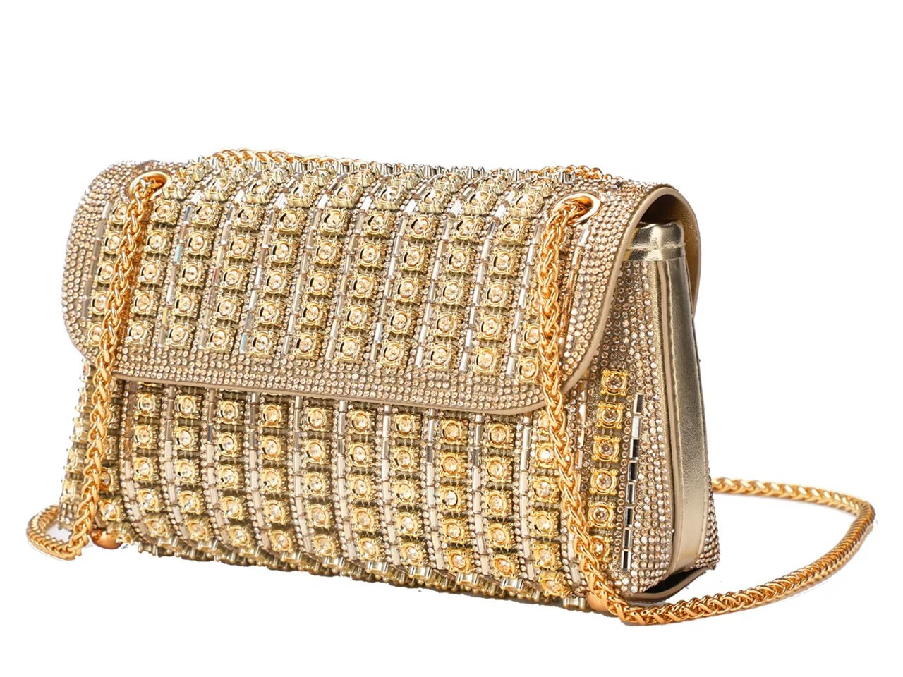 Gold and silver beaded handbag with gold chain strap side view