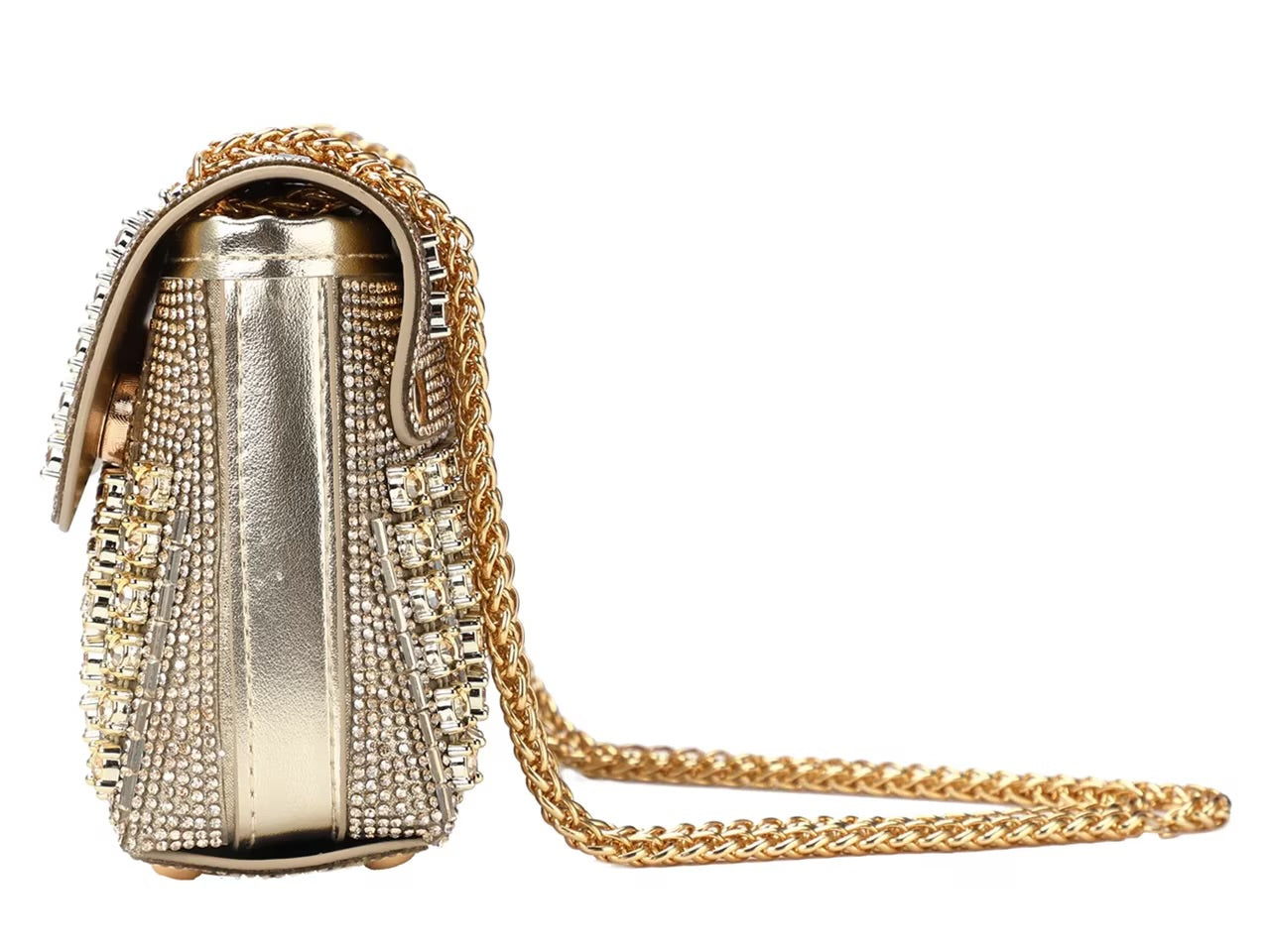 Gold and silver beaded handbag with gold chain strap side view 2