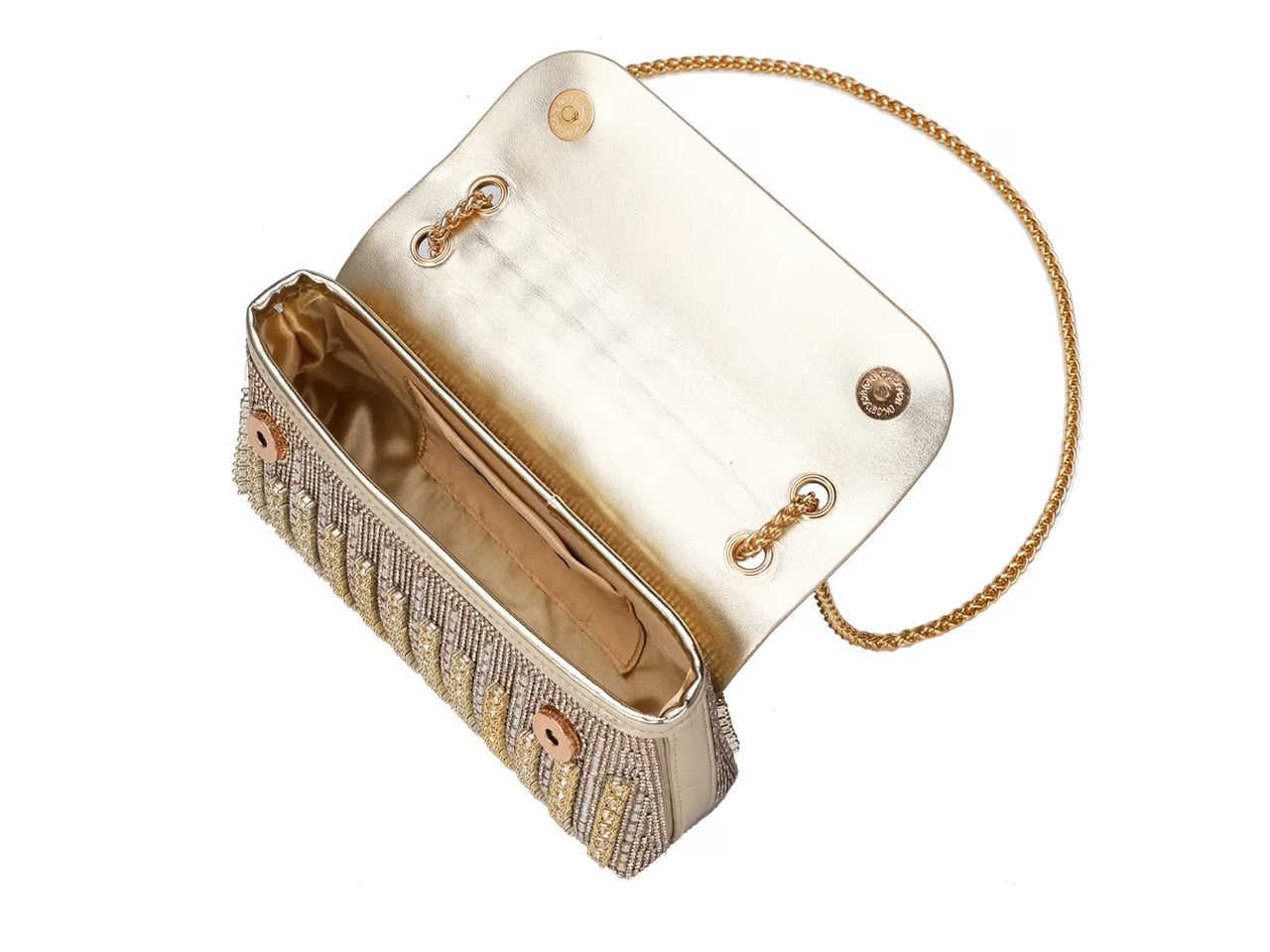 Gold and silver beaded handbag with gold chain strap opening alt view