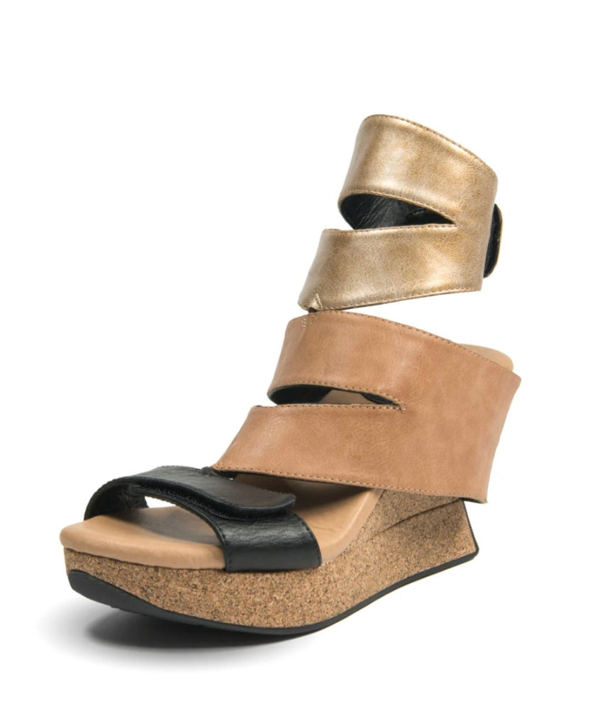 Tan wedge sandal with black accents