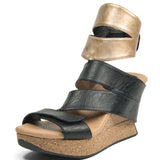 Wedge sandal with black straps and gold top