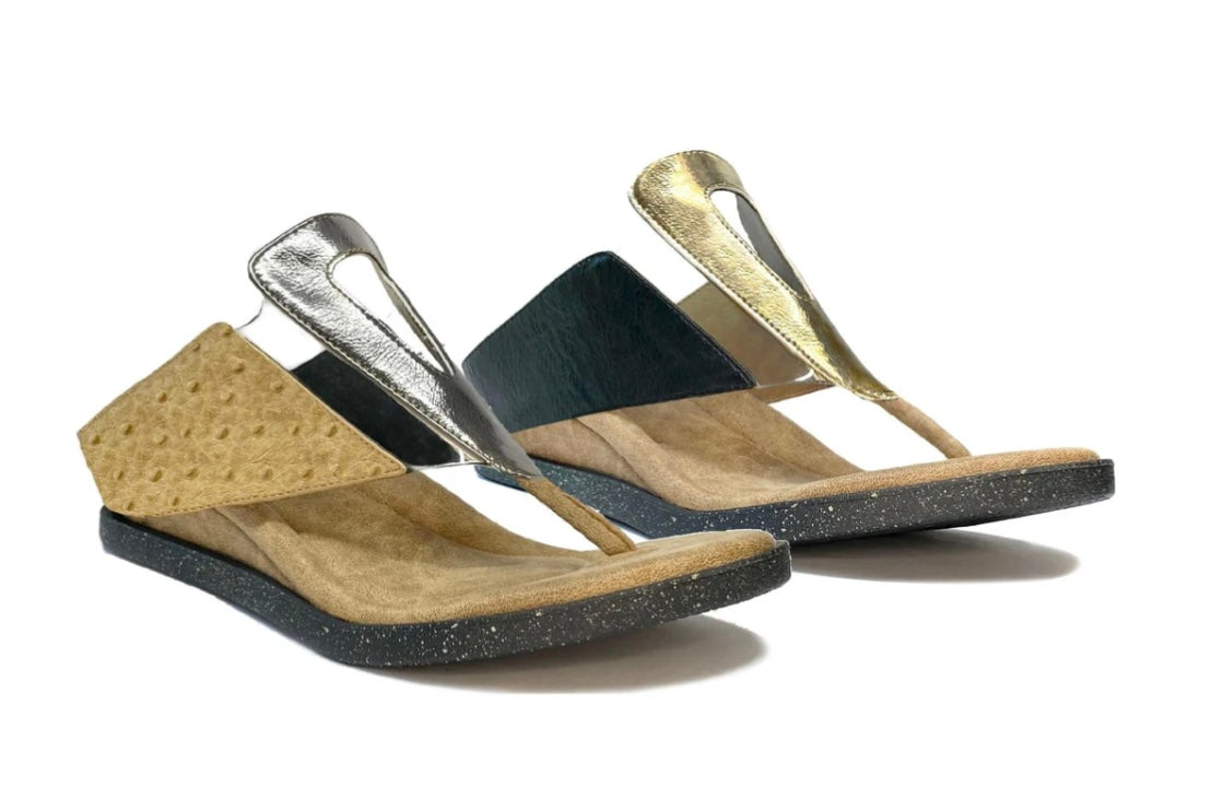 Sandals with gold & silver metallic straps close-up
