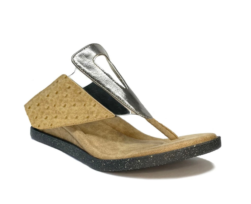Sandals with gold & silver metallic straps front view