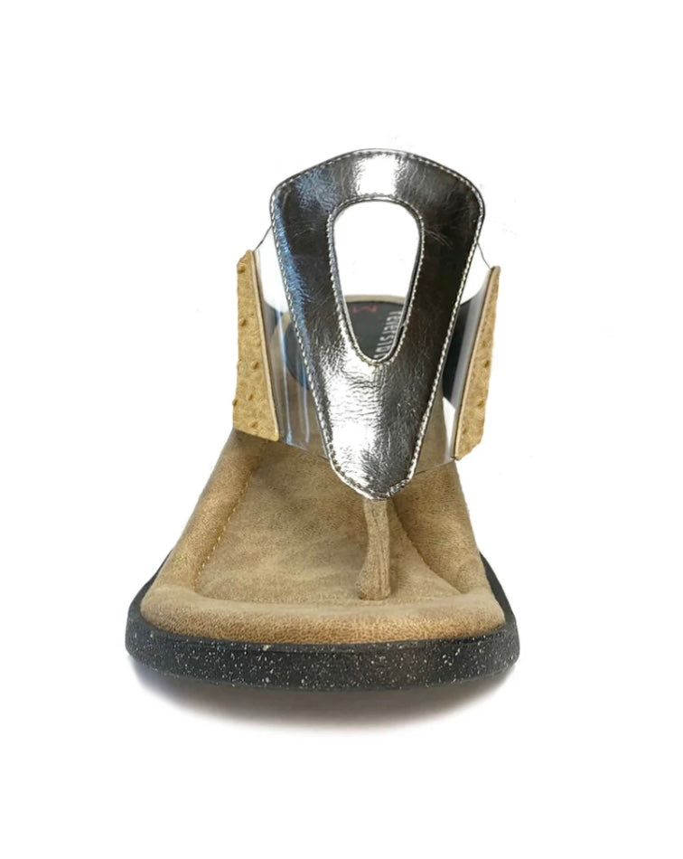 Sandals with gold & silver metallic straps toe box