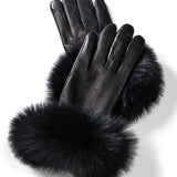 Black Fox Fur Trimmed Gloves