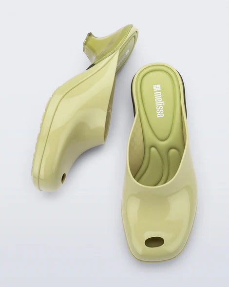 Chartreuse slip-on kitten heel top & side view