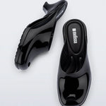 Black slip-on kitten heel top & side view