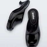 Black slip-on kitten heel top & side view