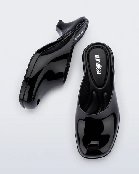 Black slip-on kitten heel top & side view