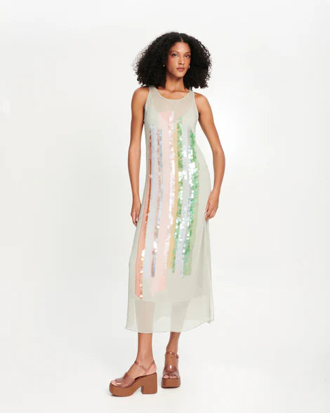 Brown platform sandal with translucent straps and buckle closure model full view