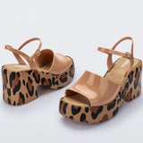 Leopard print platform heel with beige straps pair