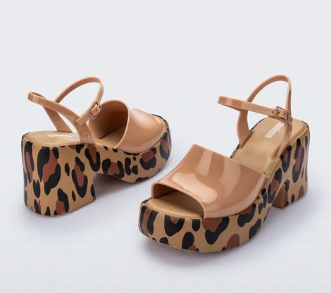 Leopard print platform heel with beige straps pair