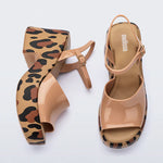Leopard print platform heel with beige straps side and top view