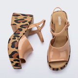 Leopard print platform heel with beige straps side and top view