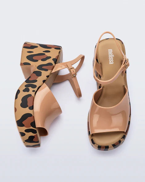 Leopard print platform heel with beige straps side and top view