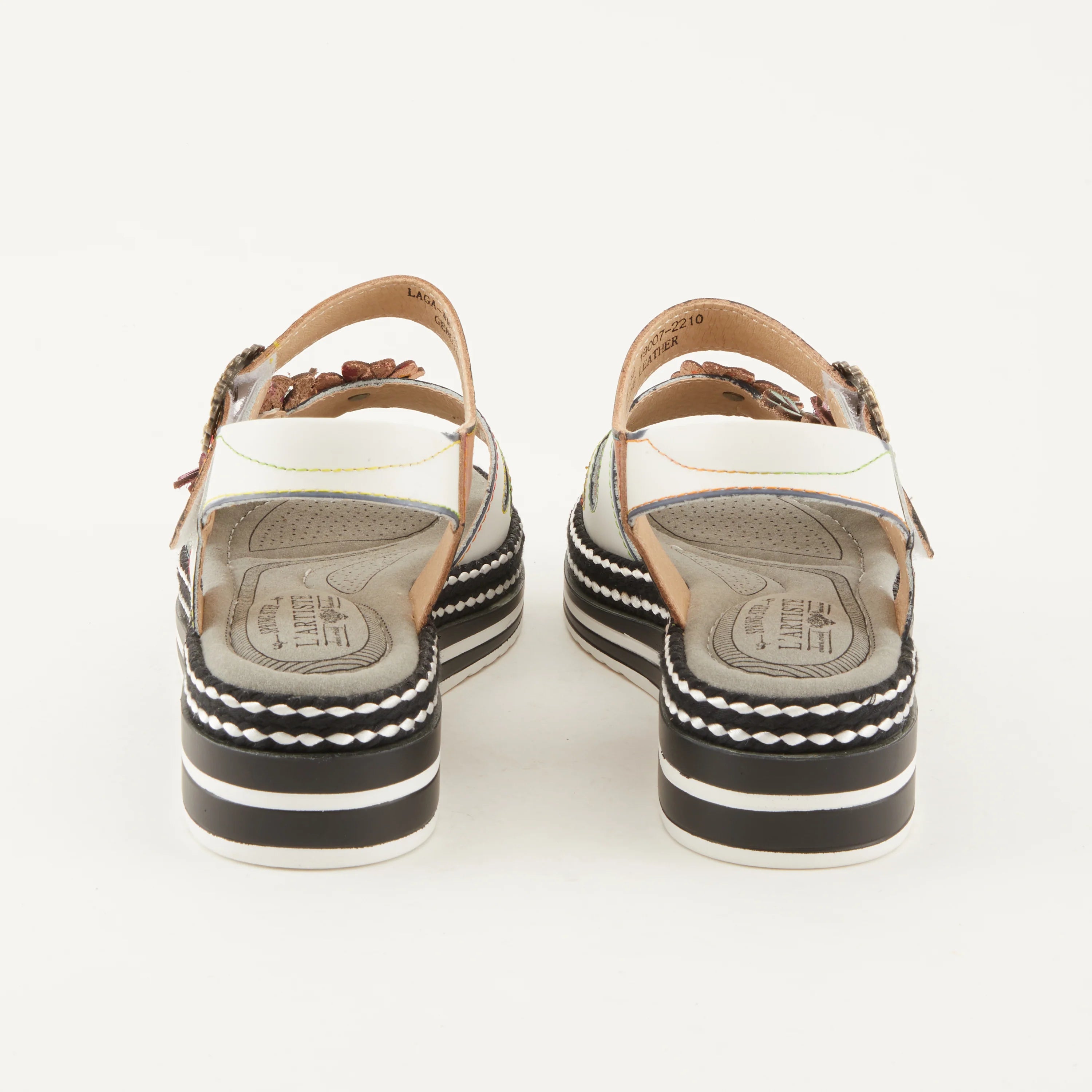White sandal with colorful floral decorations and black & white sole heel view