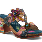 Colorful open-back heel with floral designs and rainbow colors toe box