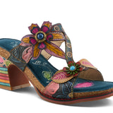 Colorful open-back heel with floral designs and rainbow colors toe box