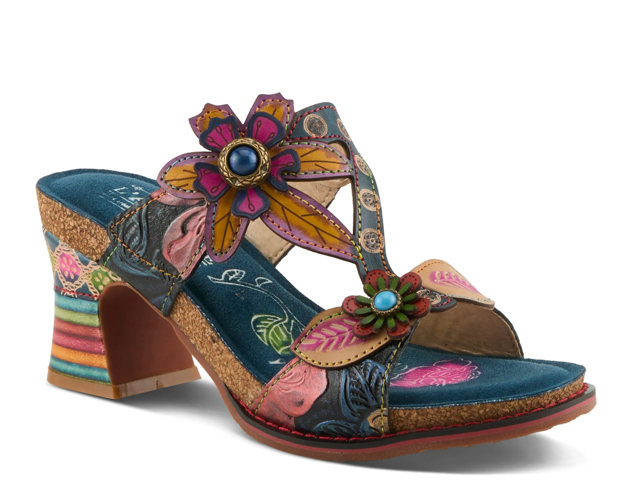 Colorful open-back heel with floral designs and rainbow colors toe box
