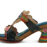 Colorful open-back heel with floral designs and rainbow colors inner side view
