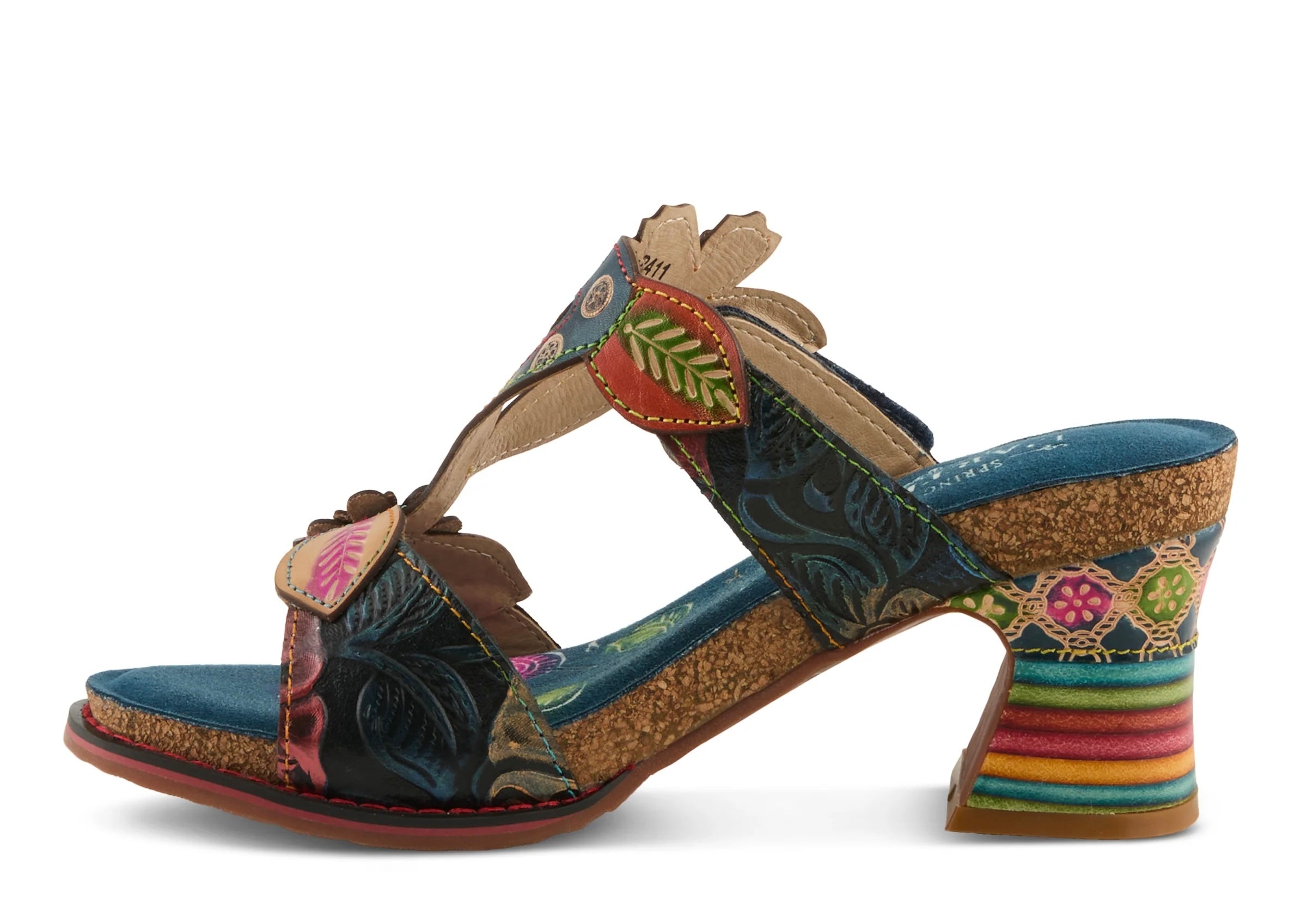 Colorful open-back heel with floral designs and rainbow colors inner side view