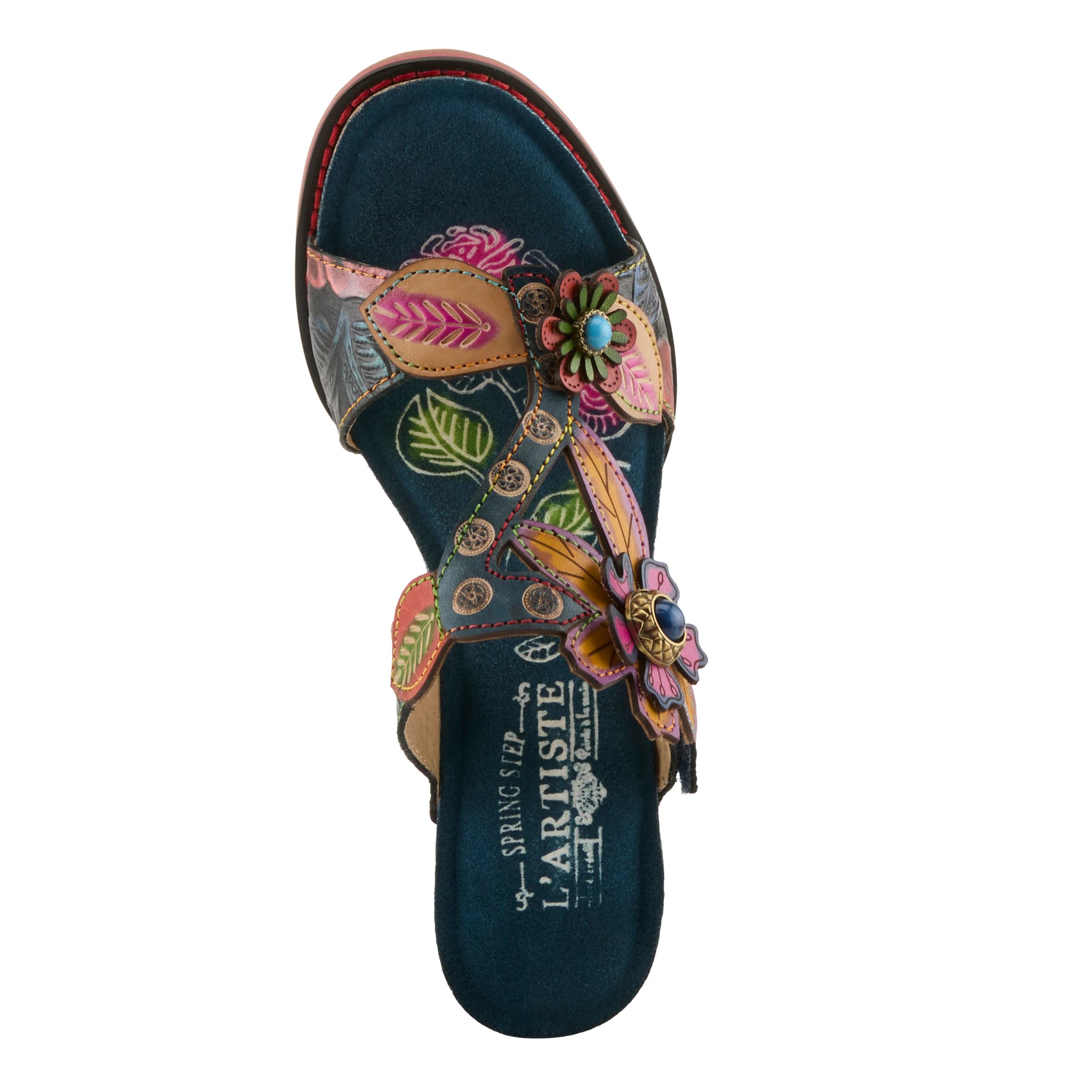 Colorful open-back heel with floral designs and rainbow colors top view
