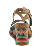Colorful open-back heel with floral designs and rainbow colors heel view