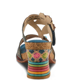 Colorful open-back heel with floral designs and rainbow colors heel view