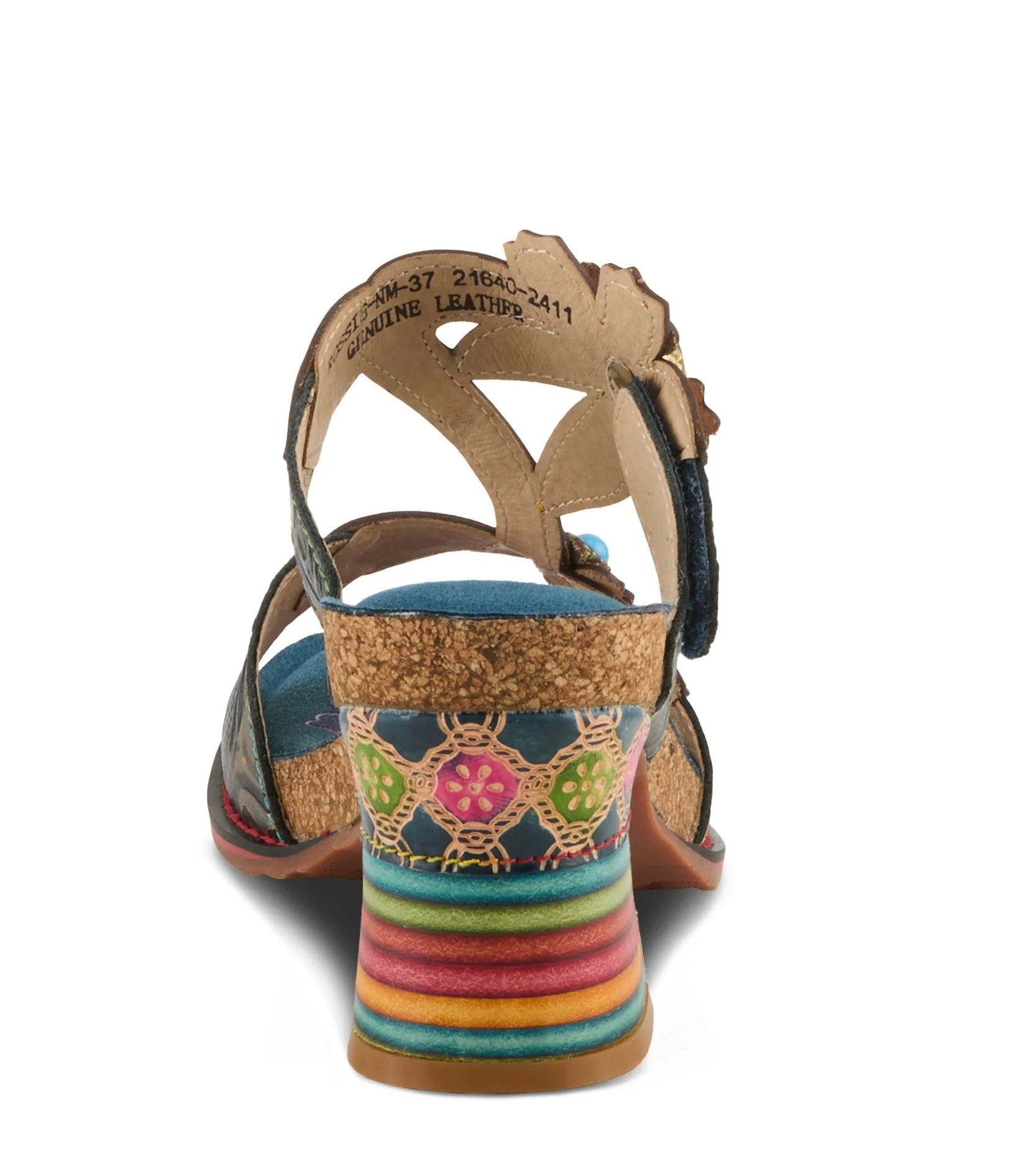 Colorful open-back heel with floral designs and rainbow colors heel view