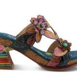 Colorful open-back heel with floral designs and rainbow colors close-up
