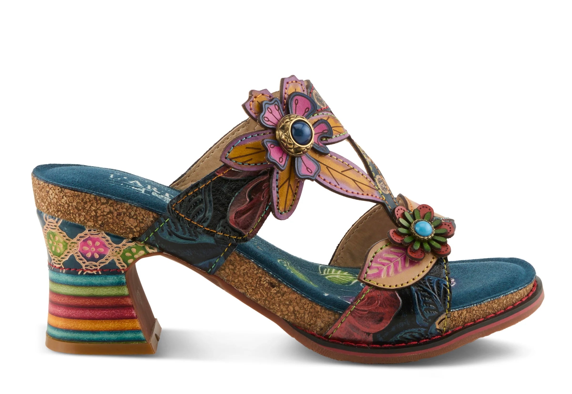 Colorful open-back heel with floral designs and rainbow colors close-up