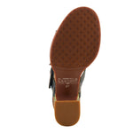 Colorful open-back heel with floral designs and rainbow colors bottom view