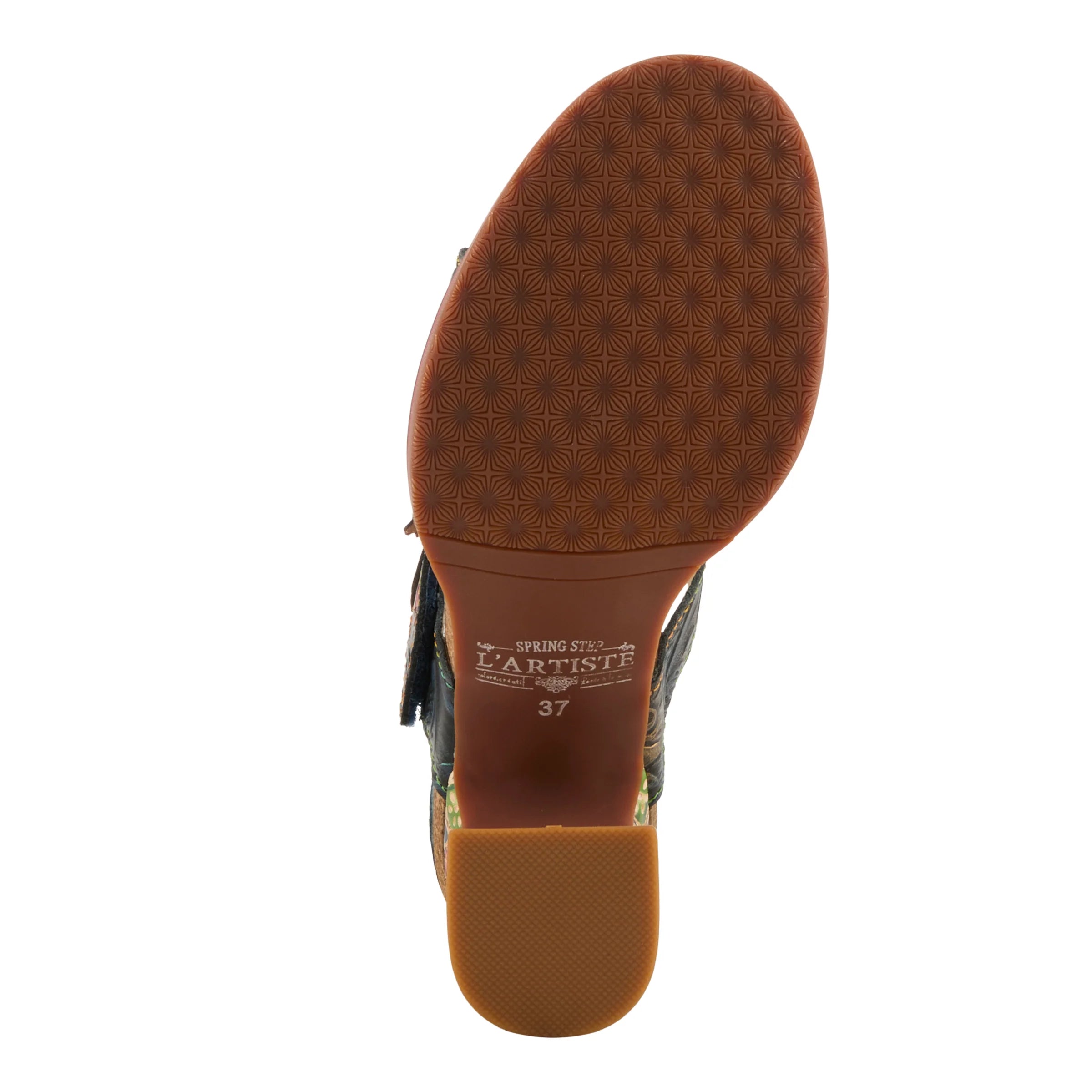 Colorful open-back heel with floral designs and rainbow colors bottom view