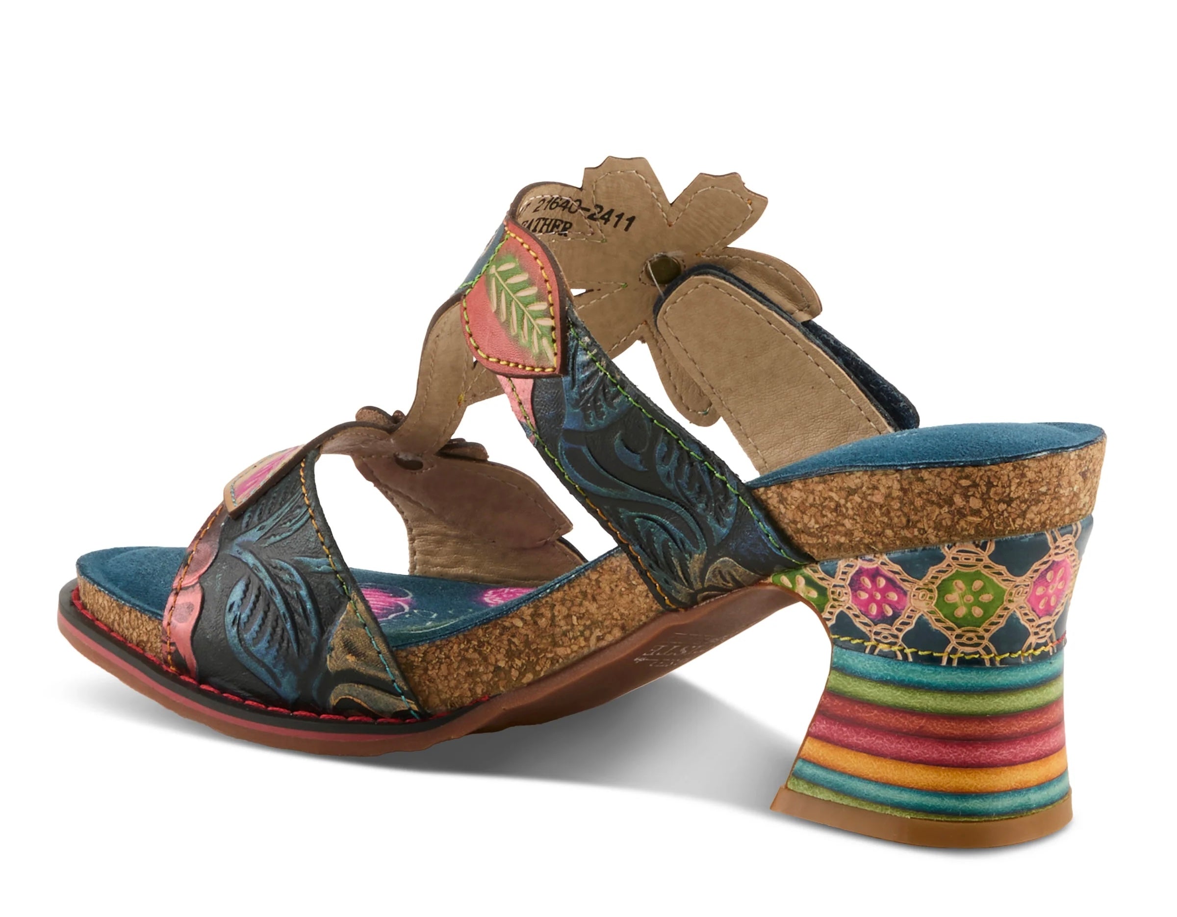 Colorful open-back heel with floral designs and rainbow colors alternate heel view